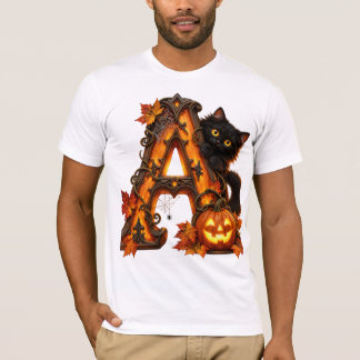 Camiseta Letra Gótica A Abóbora de Halloween & Gato Preto
