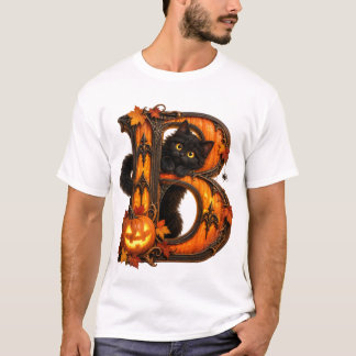 Camiseta Letra Gótica B Abóbora de Halloween & Gato Preto