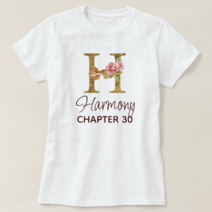 Camiseta Letra H Monograma Dourado Rosas Rosa Natalício