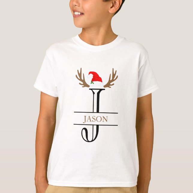 Camiseta Letra inicial personalizada J Santa Hat Antlers (Frente)