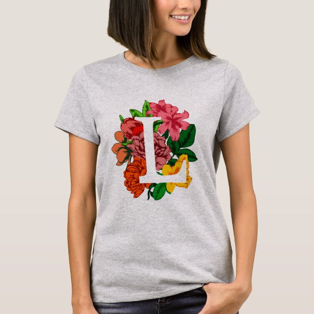 Camiseta Letra maiúscula L monograma floral (Frente)