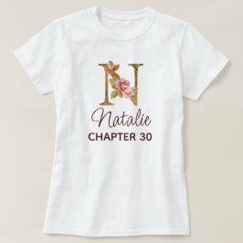 Camiseta Letra N Monograma Dourado Rosas Rosa Natalício