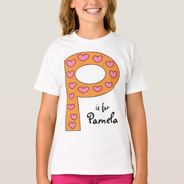 Camiseta Letra P em branco Design, nome da garota personali (Frente)