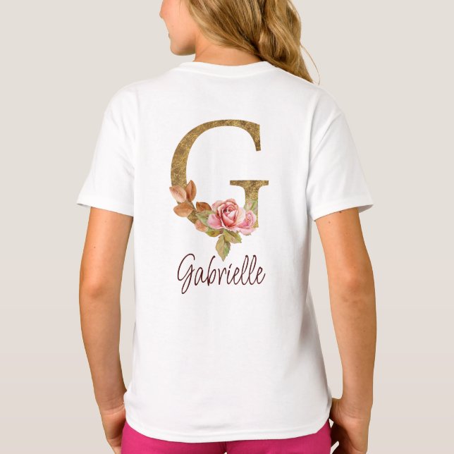 Camiseta Letra personalizada G dourado em folhas de rosa co (Verso)