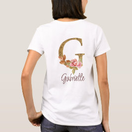 Camiseta Letra Personalizada G Dourado Folha Blush Rosas Co