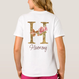 Camiseta Letra Personalizada H Folha de Ouro Rosa Cor-de-Ro