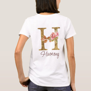Camiseta Letra Personalizada H Folha Dourada Rosas Rosa Des
