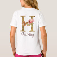 Letra Personalizada H Folha Dourada Rosas Rosa Des