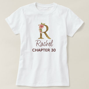 Camiseta Letra R Monograma Dourado Rosas Rosa Aniversário