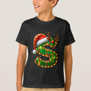 Camiseta Letra S Natal Xadrez Chapéu do Papai Noel Monogram