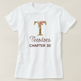 Camiseta Letra T Monograma Dourado Rosas Rosa Aniversário
