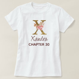 Camiseta Letra X Monograma Dourado Rosas Rosa Aniversário