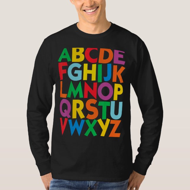 Camiseta Letras Coloridas Maiúsculas Alfabeto Aprende Abcs  (Frente)