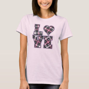 Camiseta Letras de AMOR Empilhadas, Rosa E Xadrez Negra