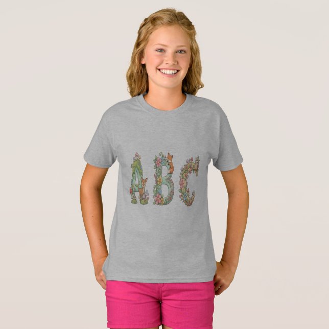 Camiseta Letras do ABC Florestal Caprichosas com Animais Fo (Frente Completa)