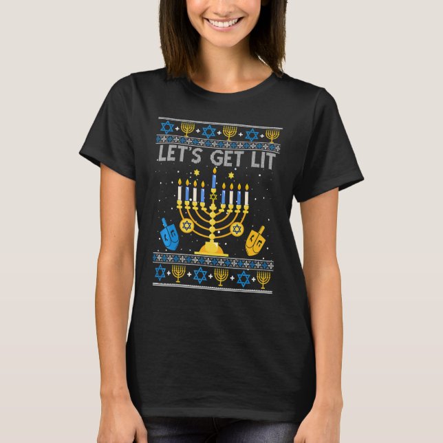 Camiseta Let's Get Lit Chanukah Hanukkah  Christmas Ugly Sw (Frente)