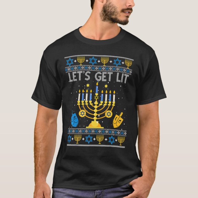 Camiseta Let's Get Lit Chanukah Hanukkah  Christmas Ugly Sw (Frente)