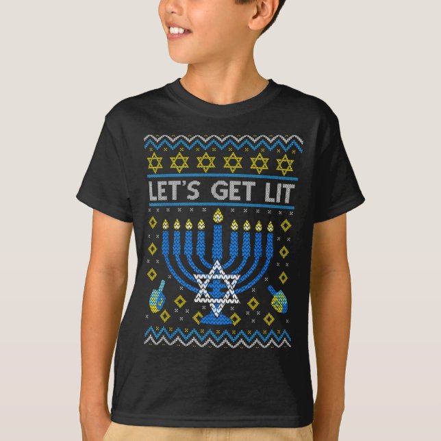 Camiseta Let's Get Lit Funny Jewish Holiday Chanukah Ugly H (Frente)