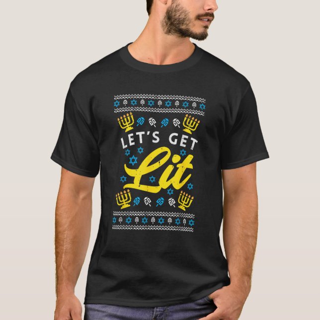 Camiseta Lets Get Lit Menorah Jewish Pun Ugly Hanukkah Chan (Frente)