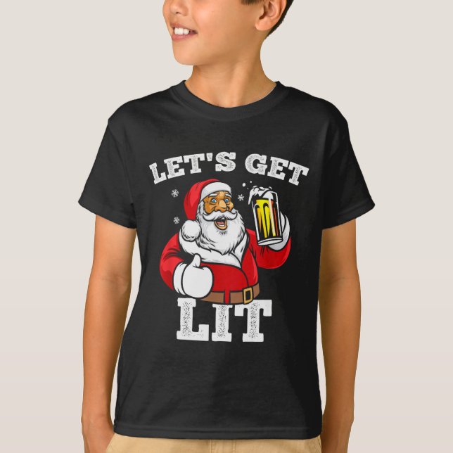 Camiseta Let's Get Lit Santa Claus Drinking Beer Christmas  (Frente)