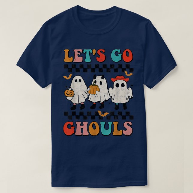 Camiseta Let's Go Ghouls Groovy Retro Spooky Season Ghost H (Frente do Design)