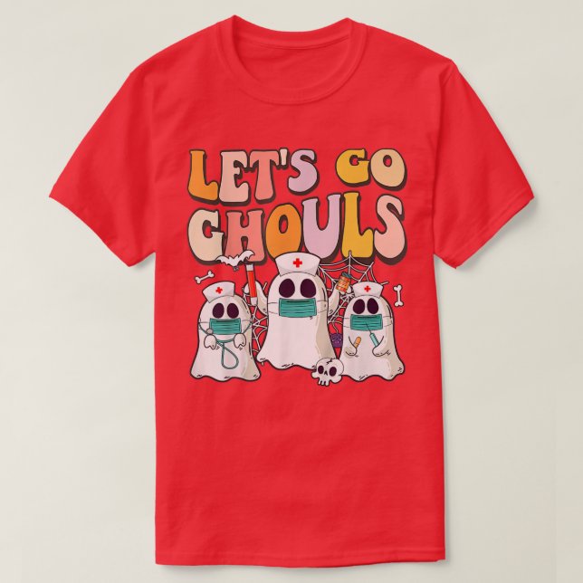 Camiseta Lets Go Ghouls Halloween Ghost Groovy Retro 70s Hi (Frente do Design)