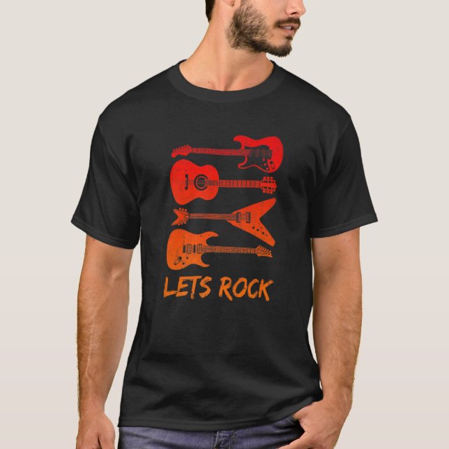 Camiseta Lets Rock n Roll Guitar Homens Retro Mulheres Prem (Frente)
