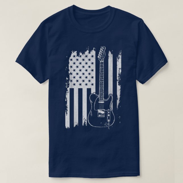 Camiseta Lets Rock n Roll Guitar Retro USA Flag Music (Frente do Design)