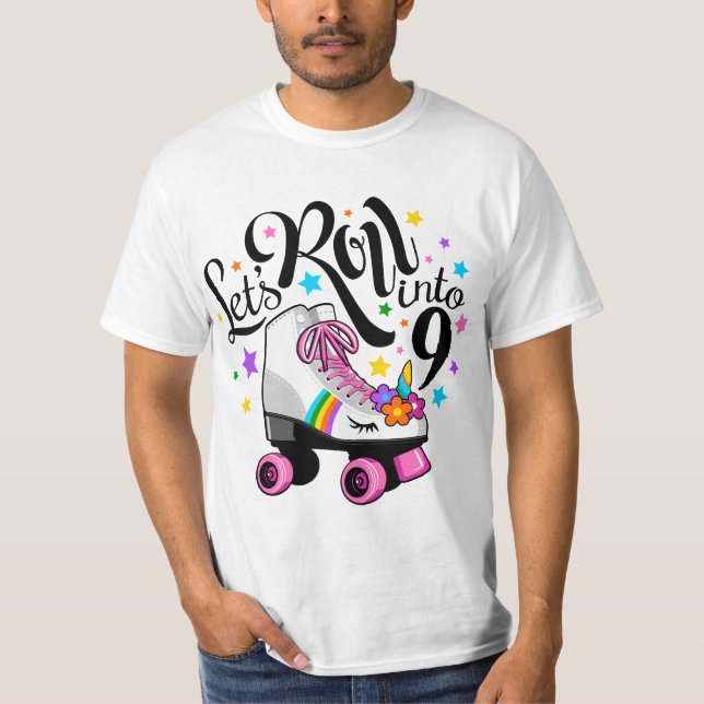 Camiseta Lets roll into 9 Birthday. Unicorn, Roller skate  (Frente)