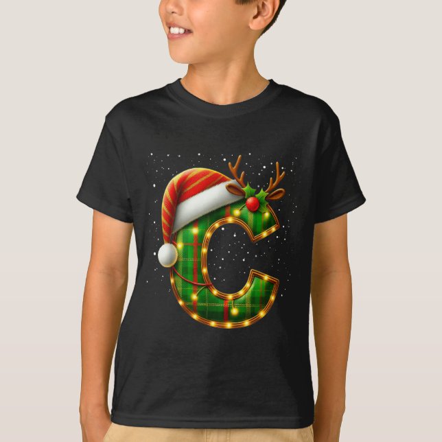 Camiseta Letter C Christmas Plaid Santa Hat Monogram Initia (Frente)