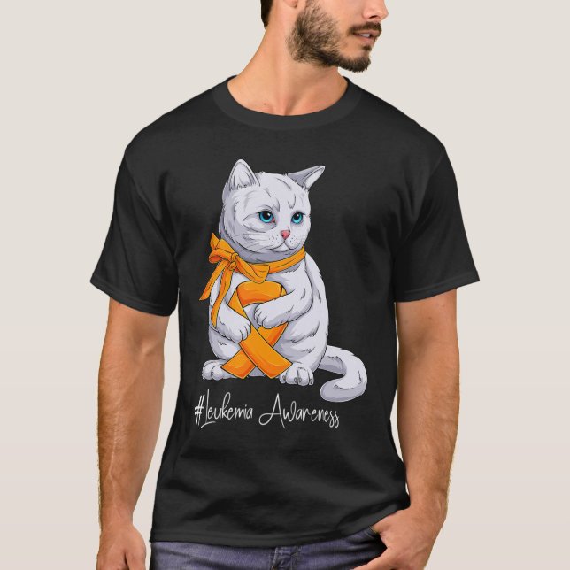 Camiseta Leucemia Consciência Mês Faixa Laranja Gato (Frente)