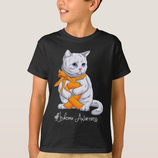 Camiseta Leucemia Consciência Mês Faixa Laranja Gato (Frente)