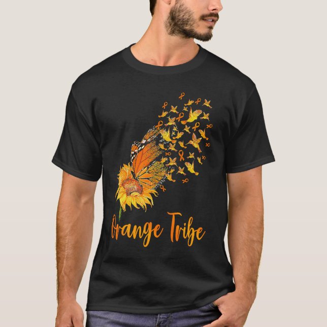 Camiseta Leukemia Awareness Sunflower Butterfly Orange Ribb (Frente)