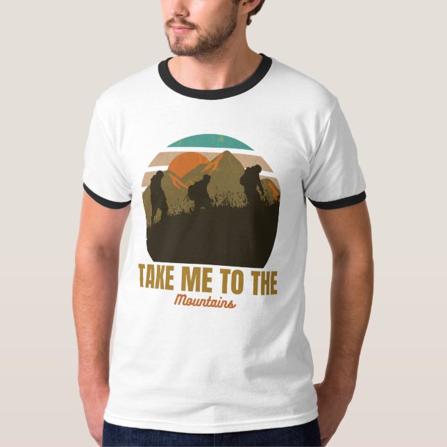 Camiseta "Leva-Me Às Montanhas", Silhueta De Caminho Retroa (Frente)
