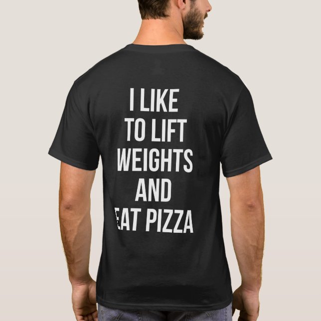 Camiseta Levante pesos e coma pizza - carboidratos - Novida (Verso)