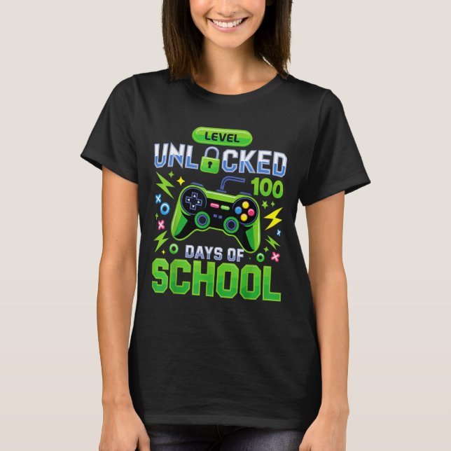 Camiseta Level 100 Days Of School Unlocked Funny Video Game (Frente)