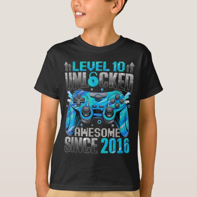 Camiseta Level 10 Unlocked Awesome Since 2016 10th Birthday (Frente)
