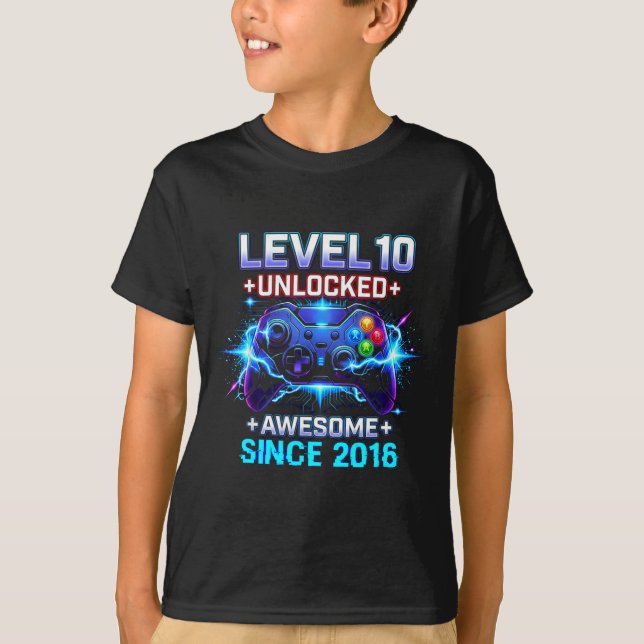 Camiseta Level 10 Unlocked Awesome Since 2016 10th Birthday (Frente)