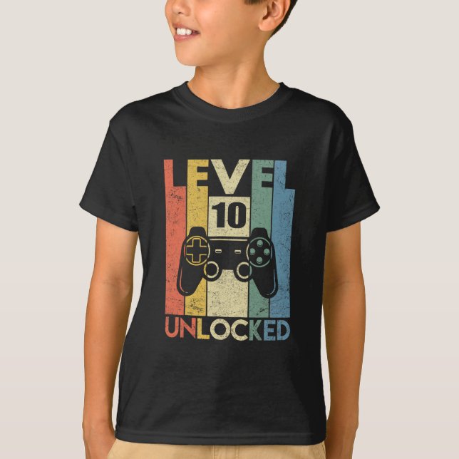 Camiseta Level 10 Unlocked Funny Video Gamer 10th Birthday  (Frente)