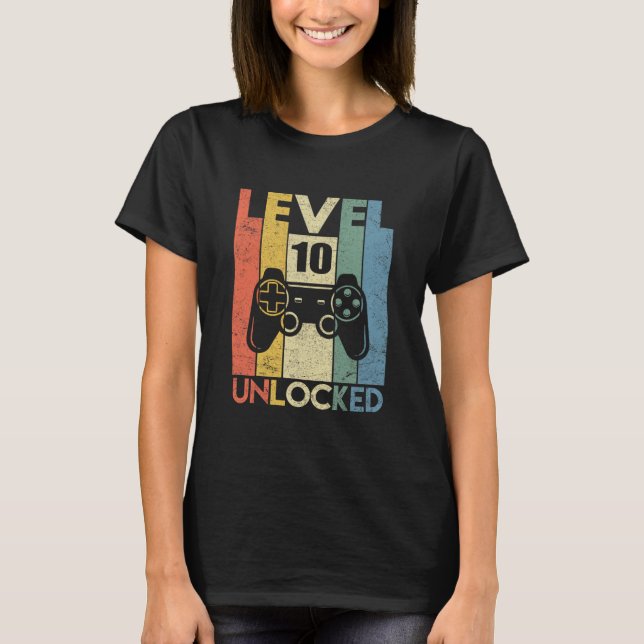 Camiseta Level 10 Unlocked Funny Video Gamer 10th Birthday  (Frente)