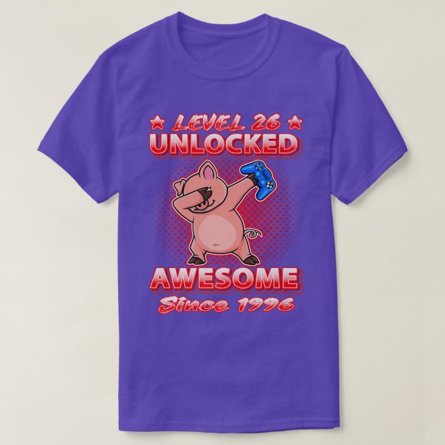 Camiseta Level 26 Unlocked Gamers Born 1996 Dabbing Pig 26t (Frente do Design)
