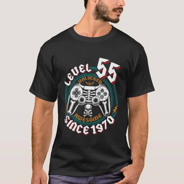 Camiseta Level 55 Unlocked Awesome Since 1970, Gamer 55th B (Frente)