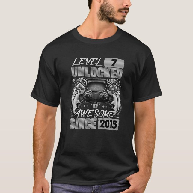 Camiseta Level 7 Unlocked Awesome Since 2015 7Th Birthday G (Frente)