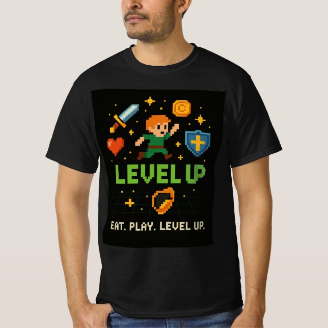 Camiseta Level Up Gamer Men’s T-Shirt – Pixel Retro Style (Frente)