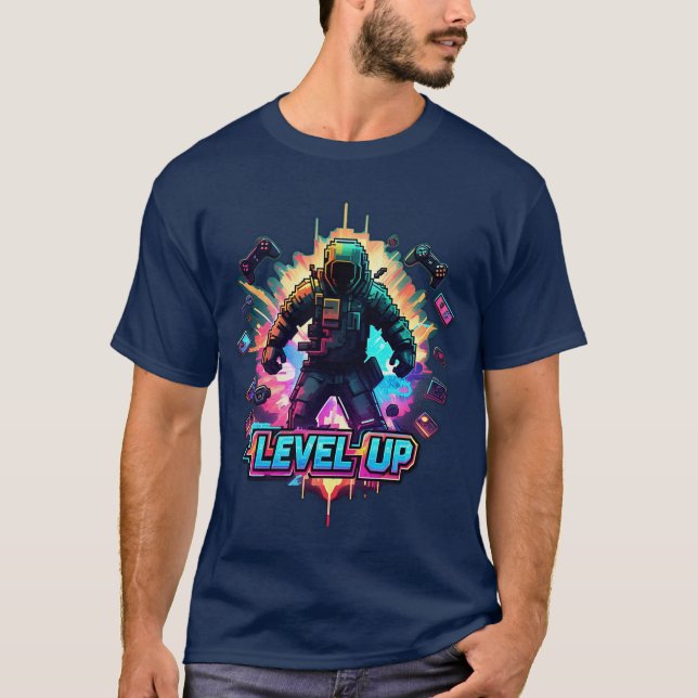 Camiseta LEVEL UP Gamer T-Shirt Neon Arcade Glitch Retro (Frente)