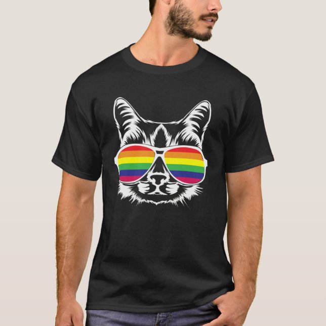 Camiseta LGBT Cat Rainbow Glasses Cat with Glasses Sunglass (Frente)
