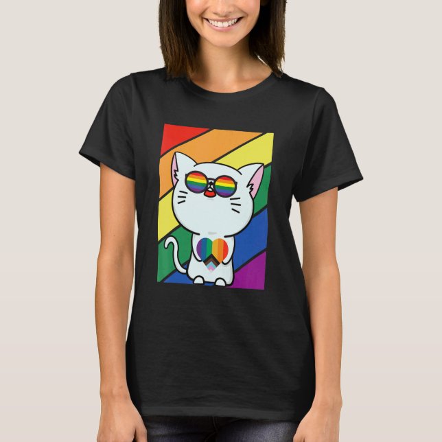 Camiseta LGBT Flag Gay Pride Month Rainbow Cute Cat With LG (Frente)