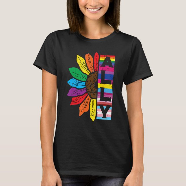 Camiseta Lgbt Gay Ally Sunflower Rainbow Pride Flag Men Wom (Frente)