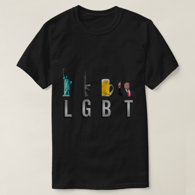Camiseta LGBT - Liberty Guns Beer Trump 6 (Frente do Design)