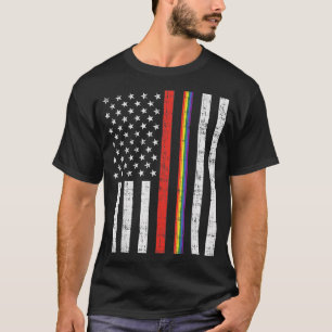 Camiseta LGBT Linha Vermelha fina Arco-Íris América Gay Fir